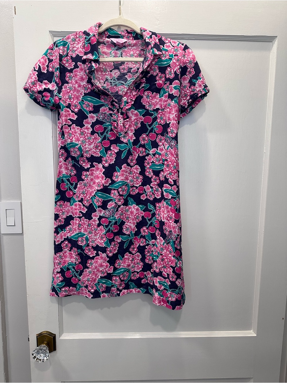 Lilly Pulitzer Pink Floral and Navy Short Sleeve Collared Shift Dress